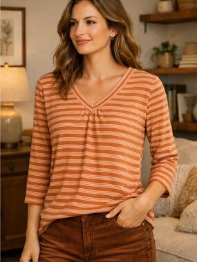 Vintage Liz Claiborne Top Medium (Slim?) Orange and White Stripes Comfy 1990s